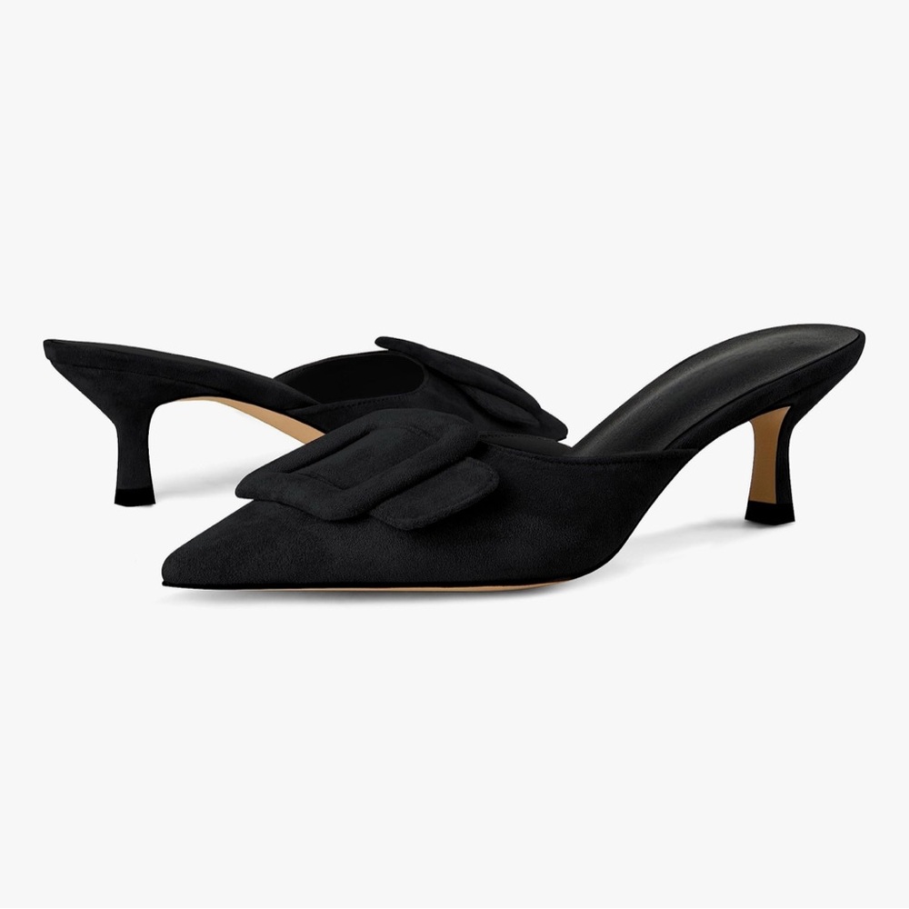 Volrina Black Suede Kitten Heel Pointed Toe Bow Detail Mule Career Office Sz 9